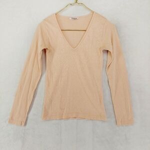 Michael Stars Cream Tan Cotton V Neck Long Sleeve Knit Casual T-Shirt P7056